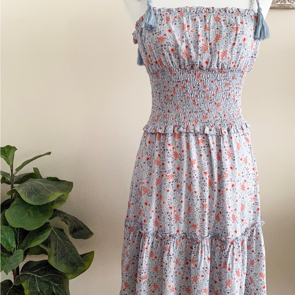 Floral Smocked Dress - Blue And Red